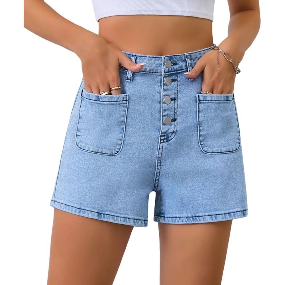 High Waisted Button Cute Summer Denim Shorts, XS, 1R-135B002